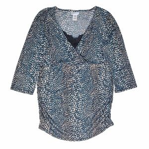 🎈SALE Motherhood Maternity Top Lace Blue Black Print Surplice Wrap Blouse Size S